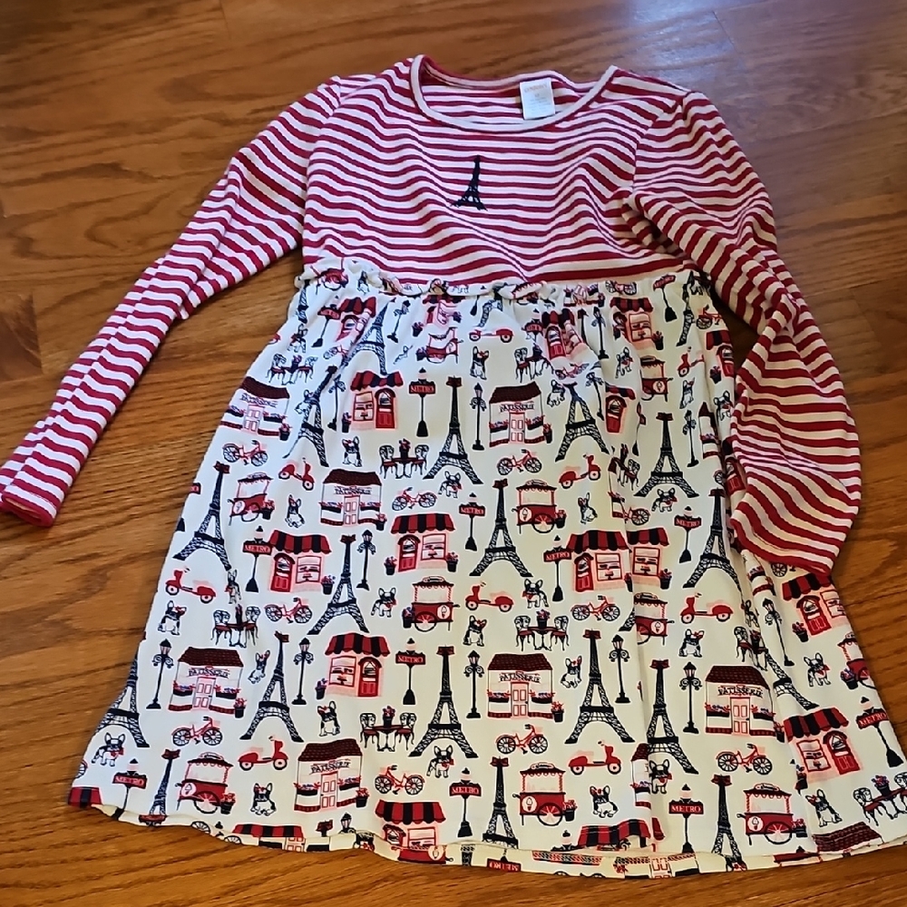 Gymboree Red & White Striped Paris Print Long Sleeve Dress